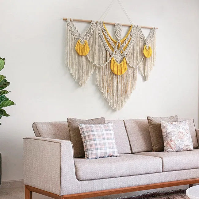 Hand-woven Nordic style cotton tapestry wall hanging 120cm by 95cm creamy white with yellow accents