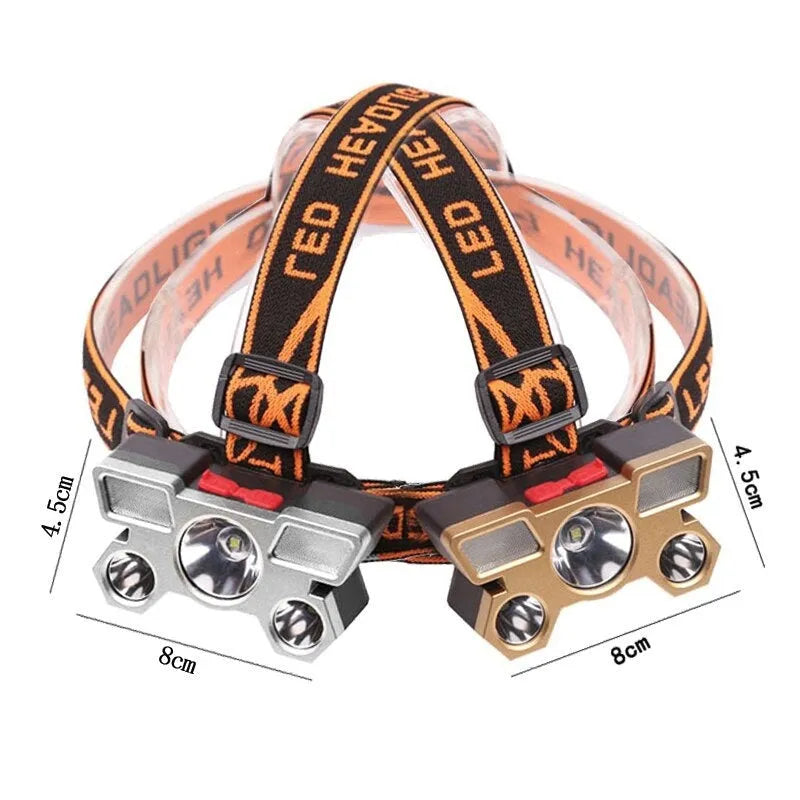A head-mounted LED miner's lamp with a PVC head strap and a central 10W light, shown with a rechargeable battery pack and data cable.