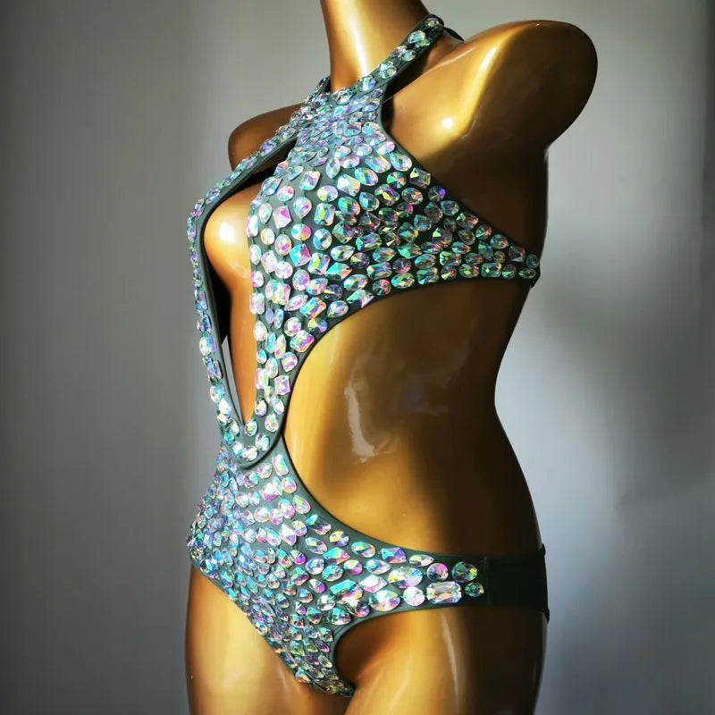 Women's one-piece mesh diamond swimsuit in black, light green, Army Green or brown colours