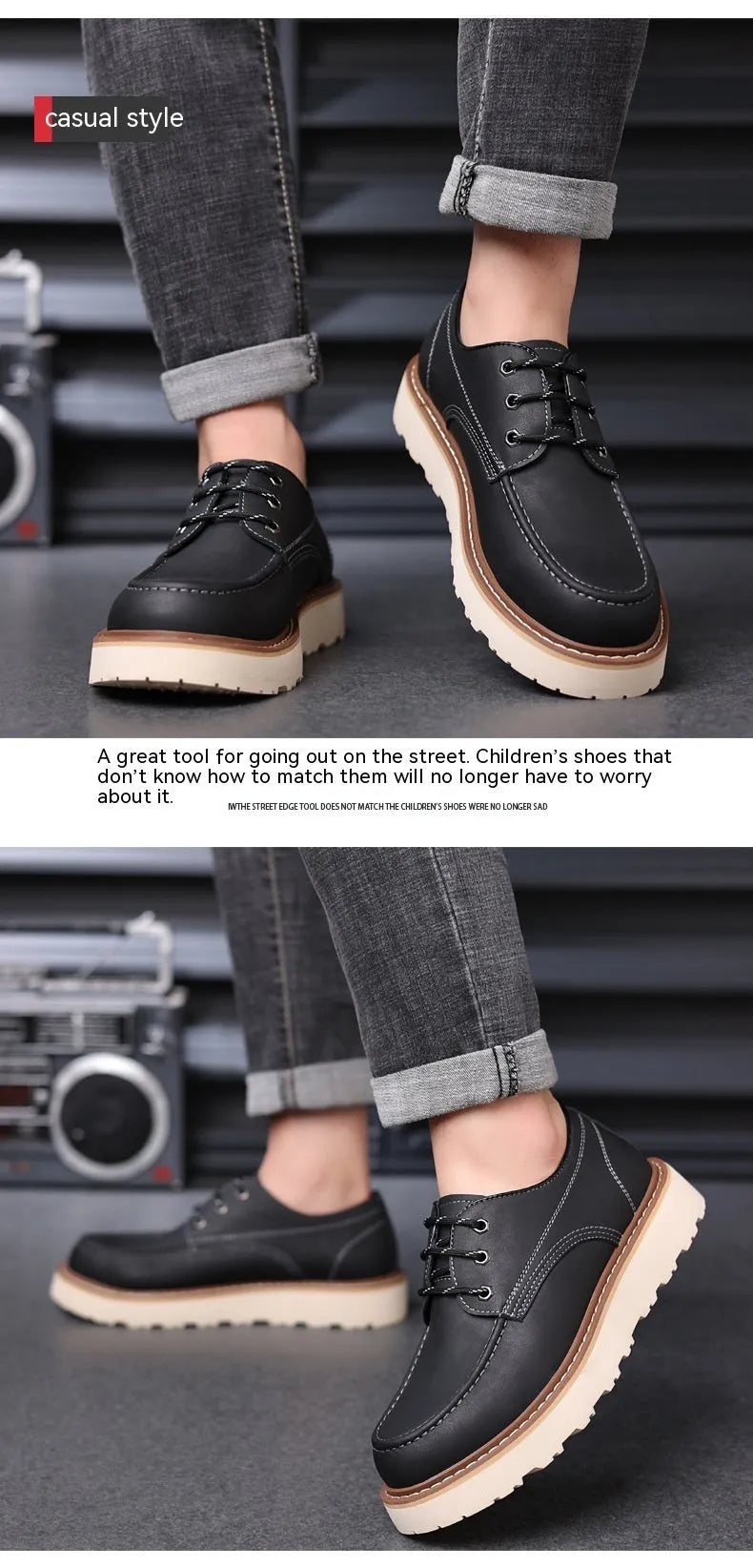 Men's black low-top Martin boots with round toe and non-slip rubber sole