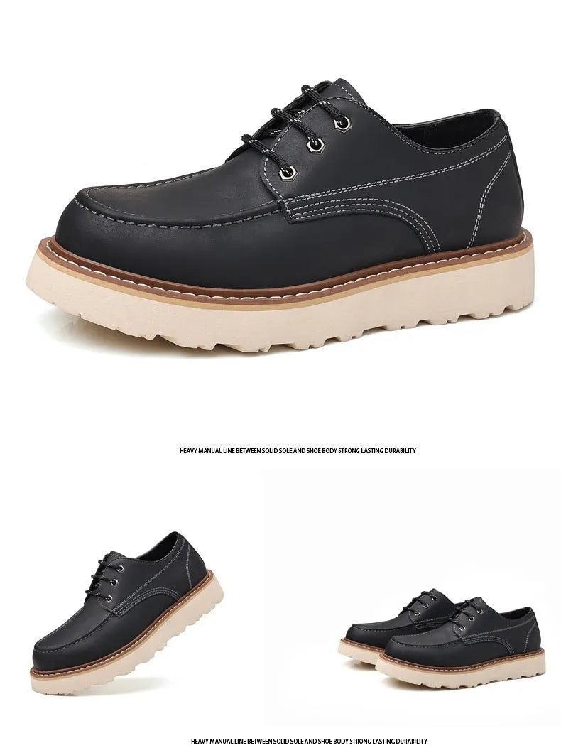 Men's black low-top Martin boots with round toe and non-slip rubber sole