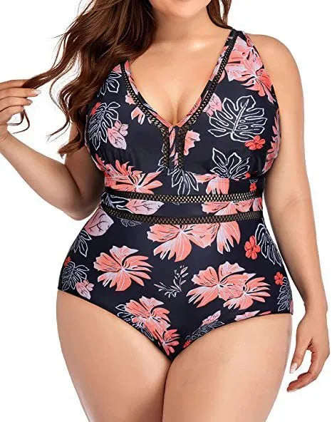 Black printed plus size bikini swimsuit for women with Siamese stitching on polyester mesh fabric