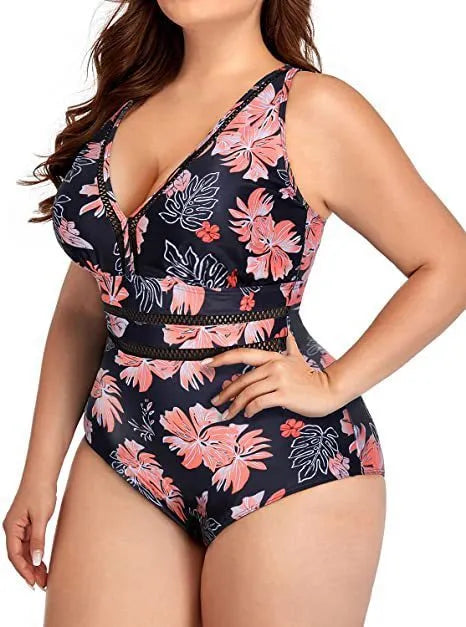 Black printed plus size bikini swimsuit for women with Siamese stitching on polyester mesh fabric