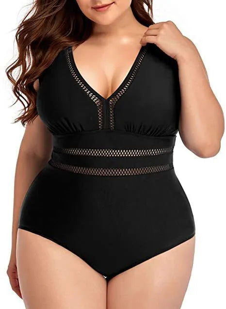 Black printed plus size bikini swimsuit for women with Siamese stitching on polyester mesh fabric