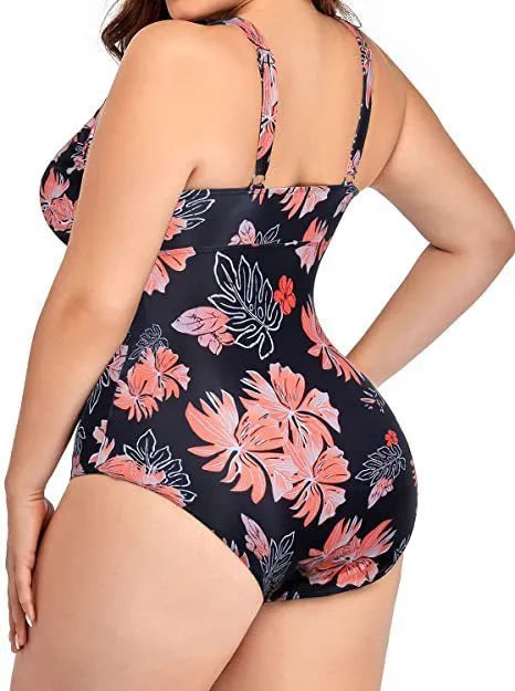 Black printed plus size bikini swimsuit for women with Siamese stitching on polyester mesh fabric