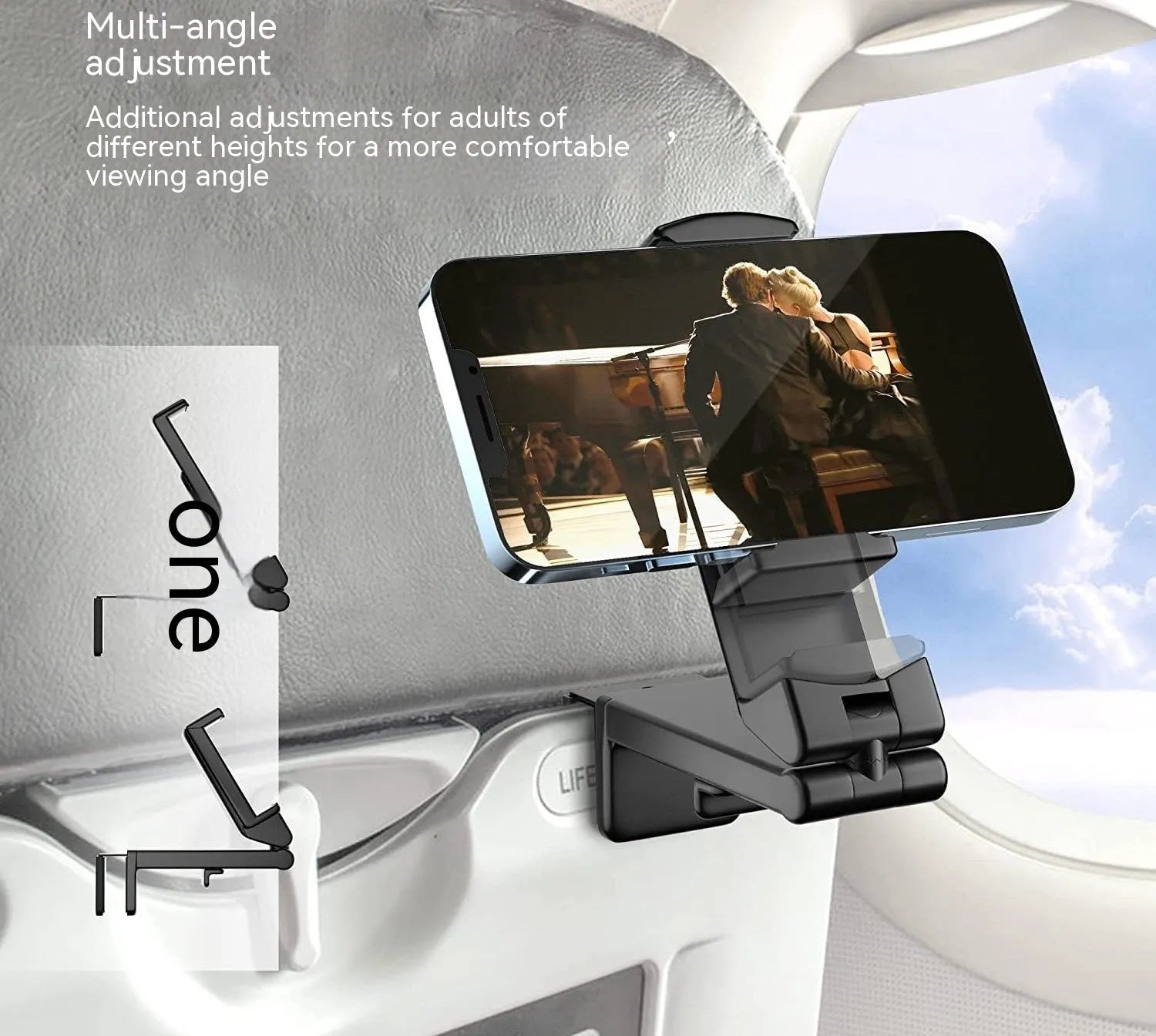 Foldable rotating phone holder in black, grey or green colours for universal mobile devices