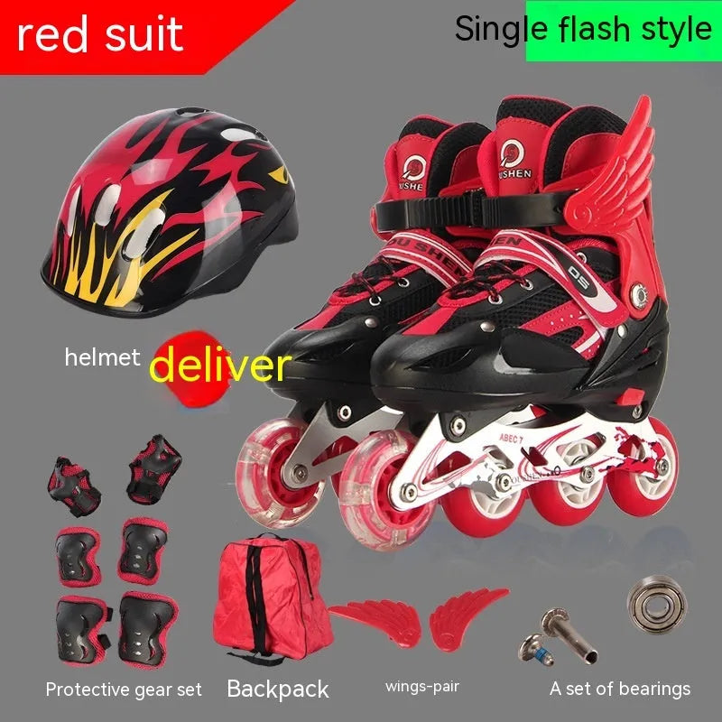 Children's adjustable inline skates in various colours with matching helmet, protective pads, and backpack.