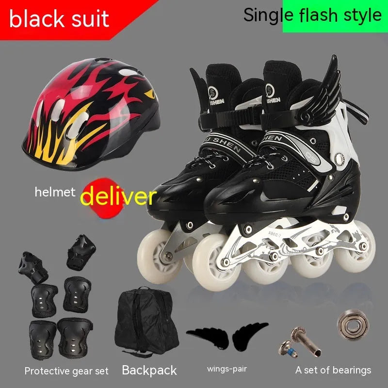 Children's adjustable inline skates in various colours with matching helmet, protective pads, and backpack.