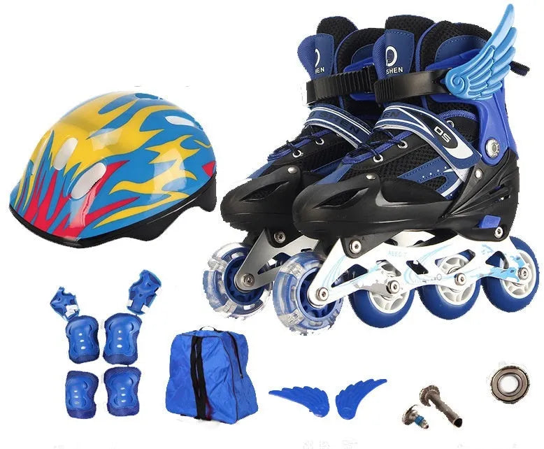 Children's adjustable inline skates in various colours with matching helmet, protective pads, and backpack.