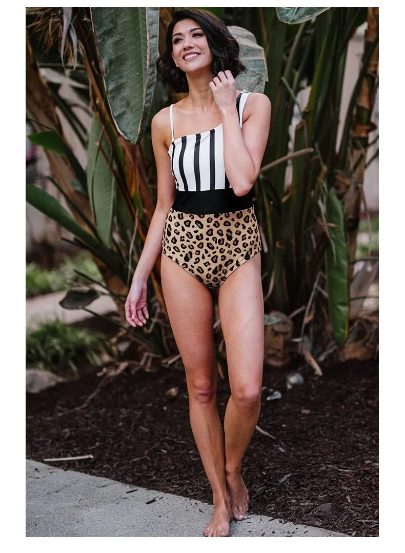 Leopard print women's one-piece swimsuit with asymmetric collar and high waist triangle brief style