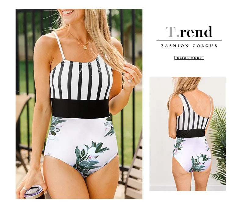 Leopard print women's one-piece swimsuit with asymmetric collar and high waist triangle brief style