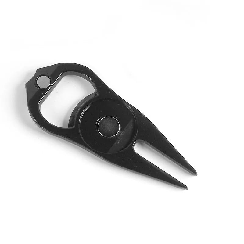 Zinc alloy golf tool with ball fork, yoke, and bottle opener functions in black, green, or silver