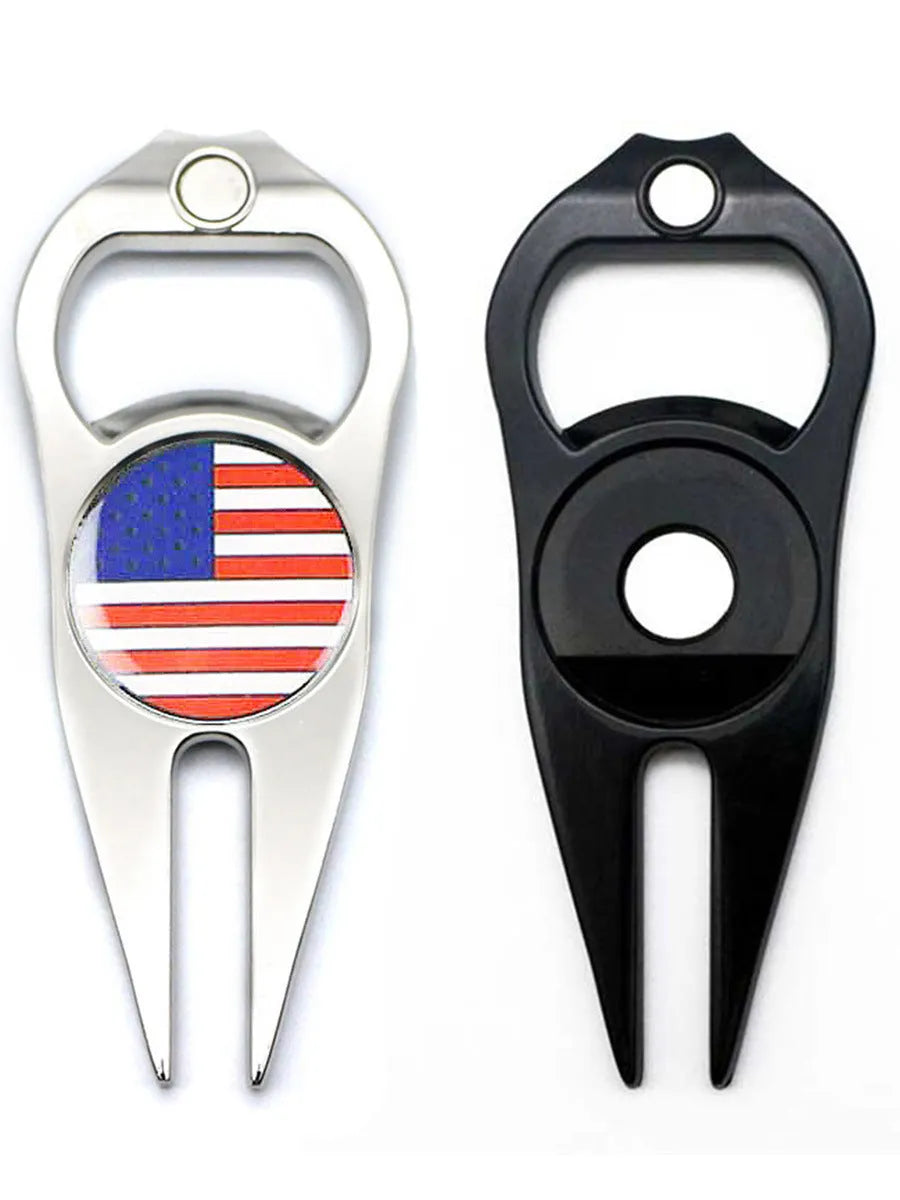 Zinc alloy golf tool with ball fork, yoke, and bottle opener functions in black, green, or silver