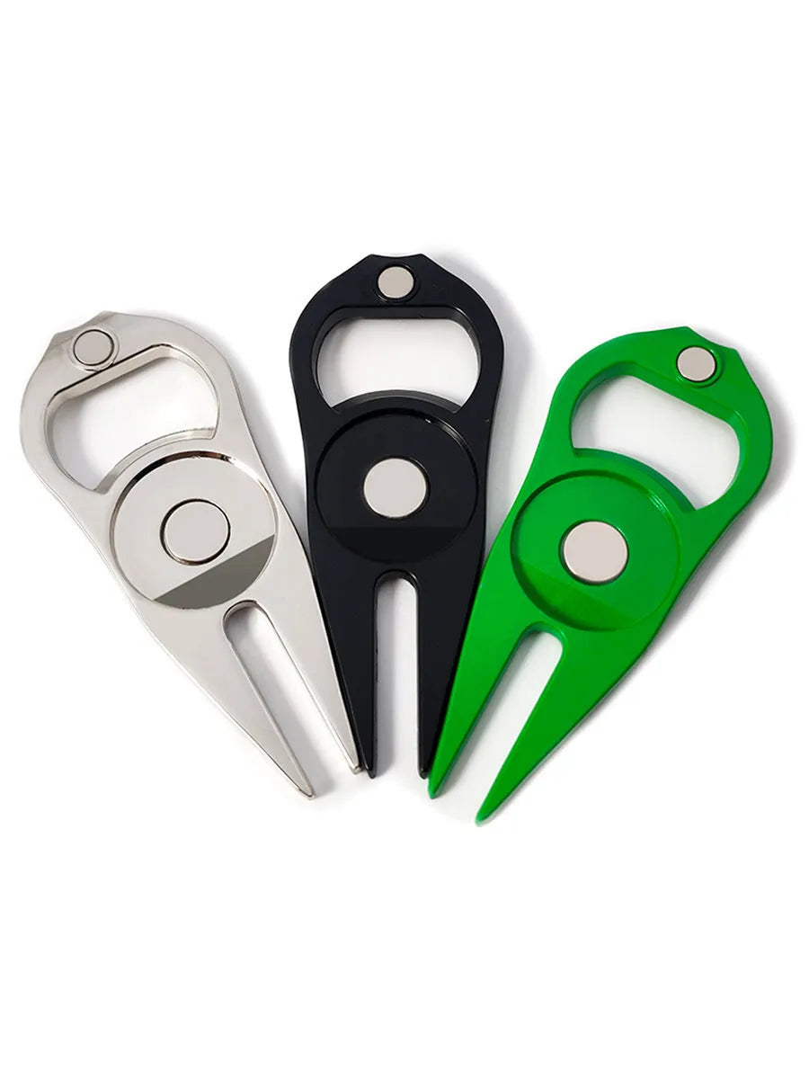 Zinc alloy golf tool with ball fork, yoke, and bottle opener functions in black, green, or silver