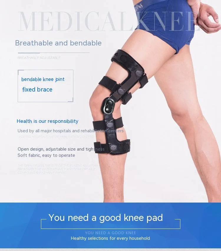 Black adjustable anterior ligament knee support with straps, shown on a leg.