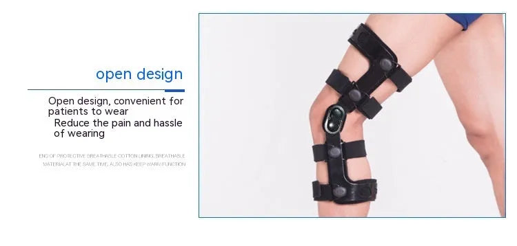 Black adjustable anterior ligament knee support with straps, shown on a leg.