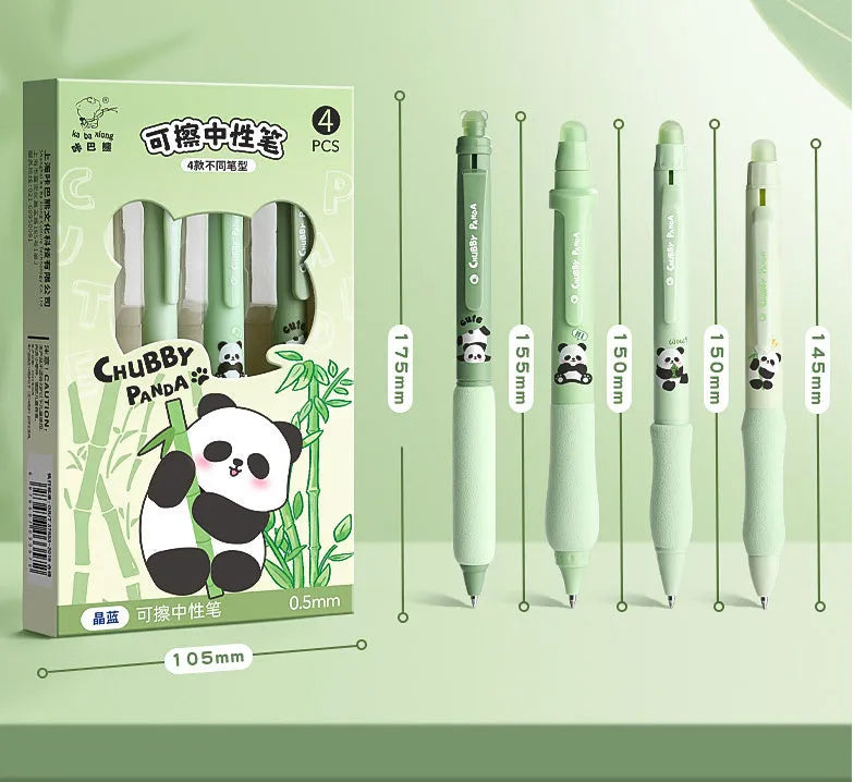Erasable cartoon-themed press gel pen with 0.5mm fine tip in black and crystal blue ink options.