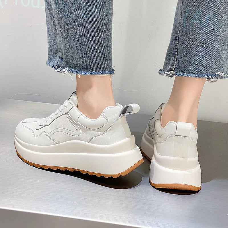 Women's beige cattlehide leather casual sports shoes with cross-strap design and lace-up closure