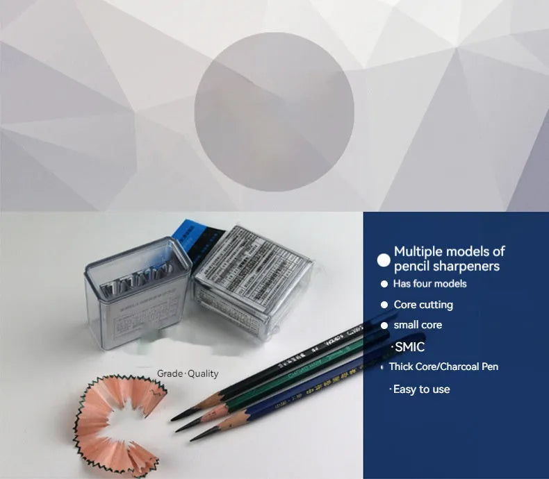 Geometric plastic pencil sharpener with four colour-coded holes and integrated screwdriver tool
