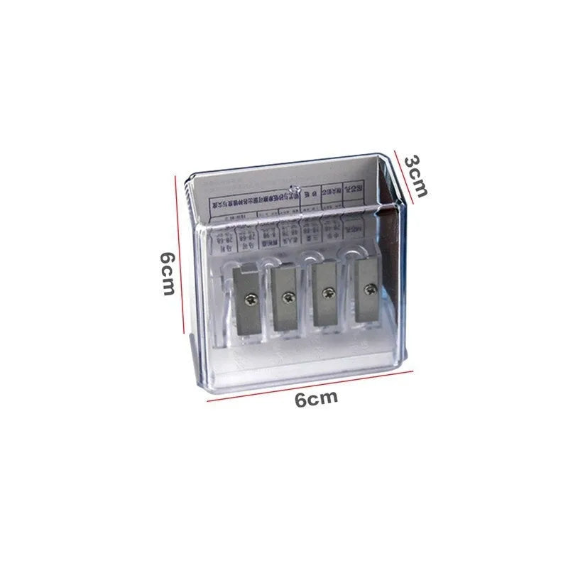 Geometric plastic pencil sharpener with four colour-coded holes and integrated screwdriver tool