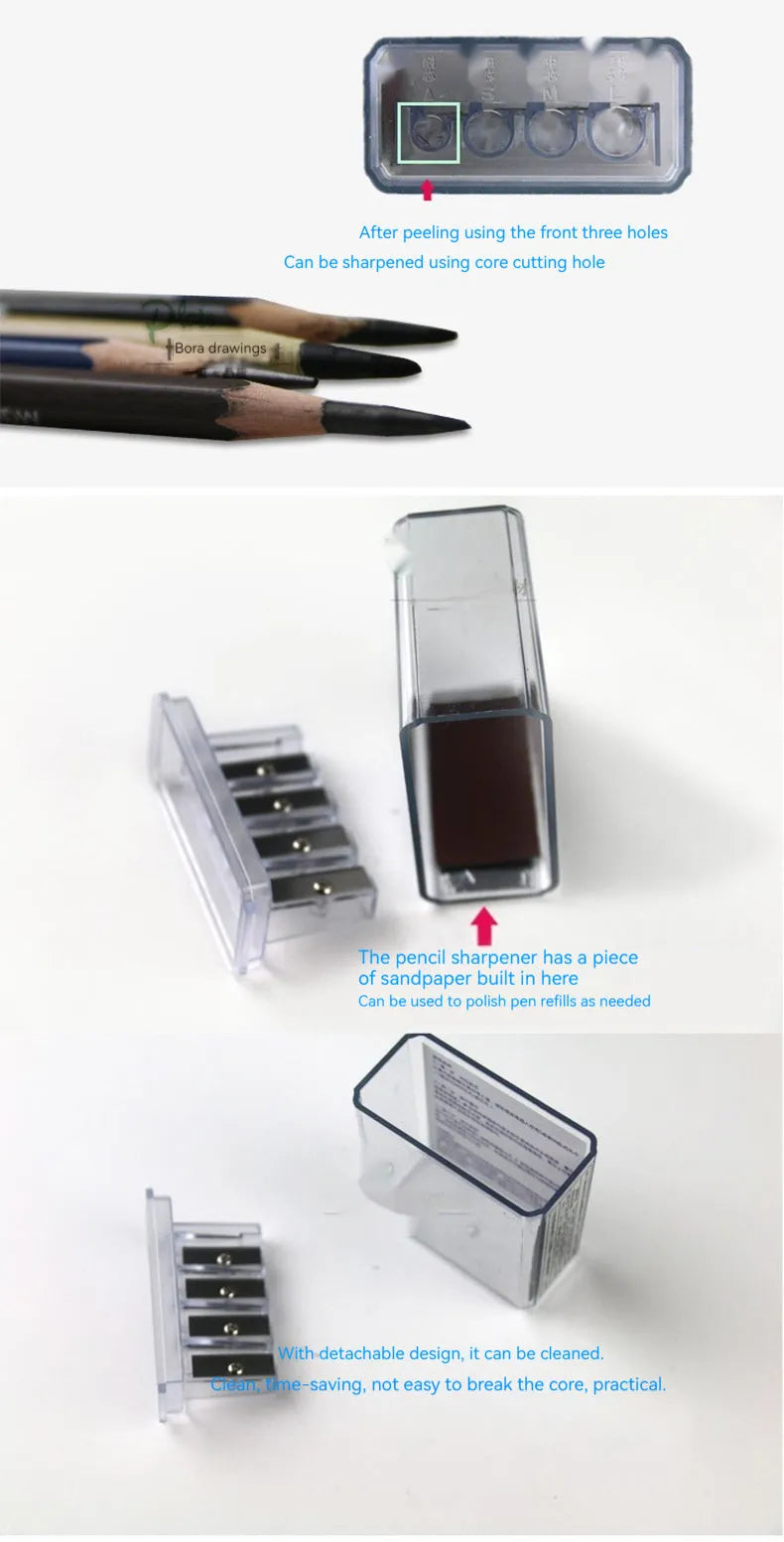 Geometric plastic pencil sharpener with four colour-coded holes and integrated screwdriver tool