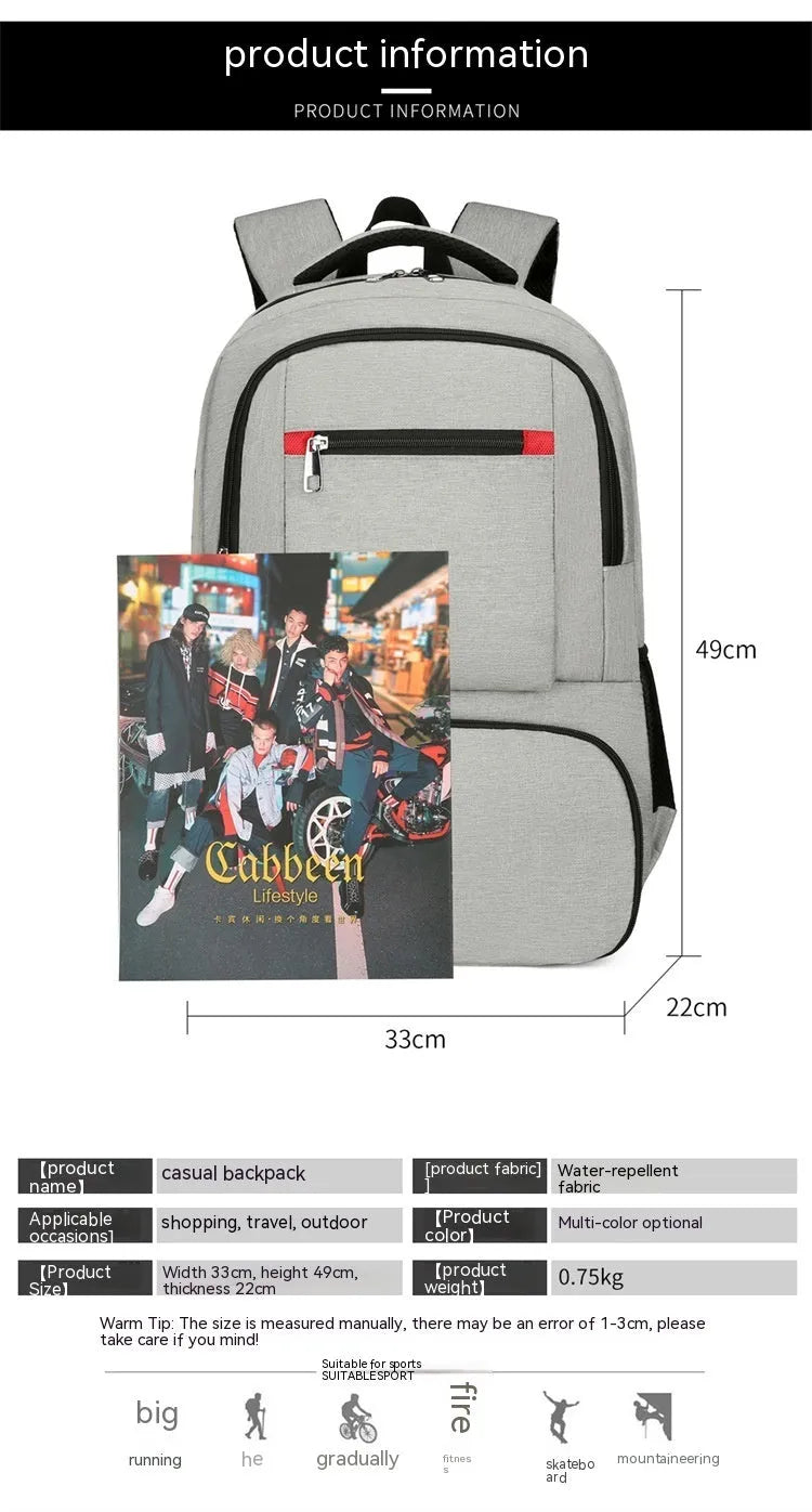 Light grey insulated oxford cloth backpack with curved shoulder straps and front compartments.