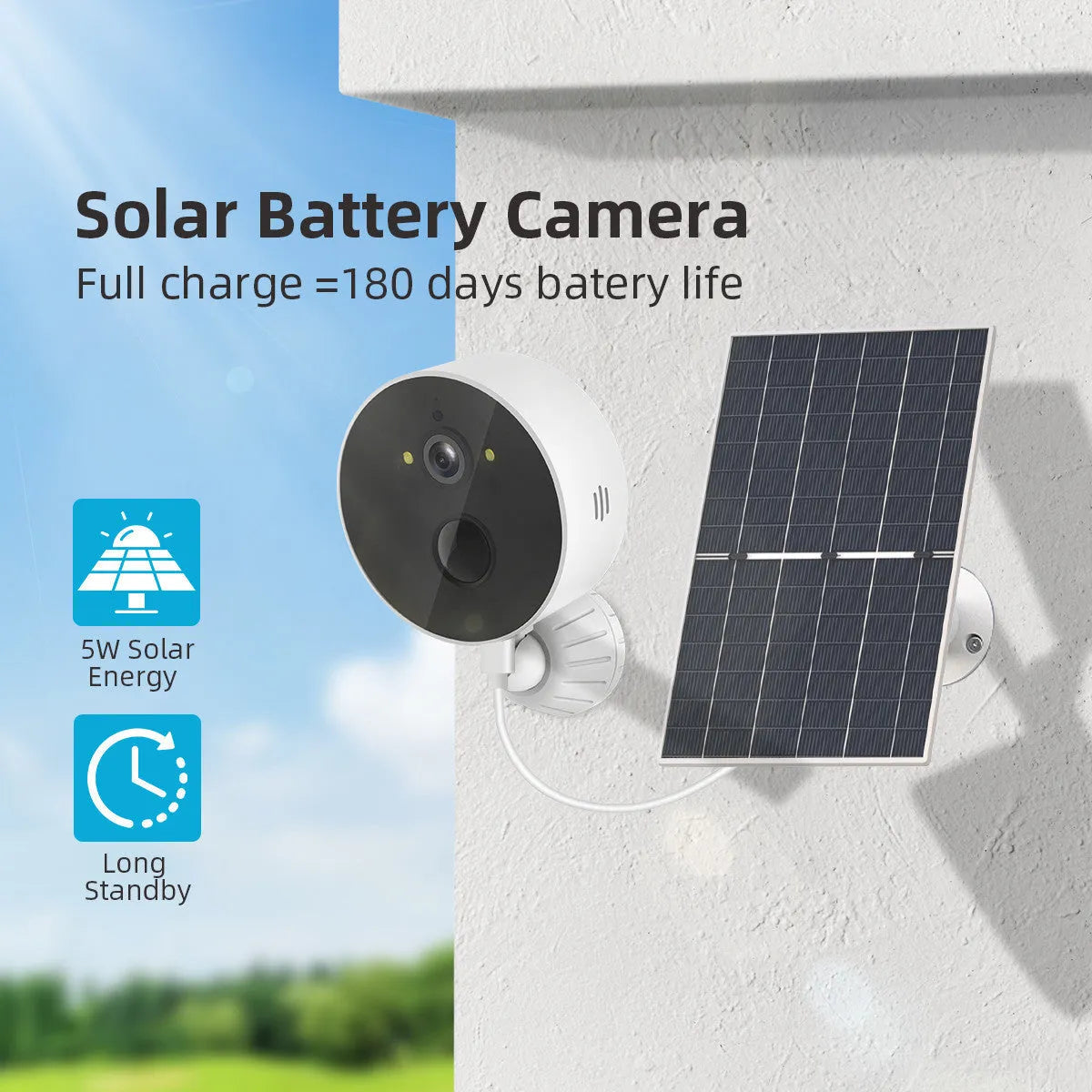 Solar security camera with attached solar panel for outdoor wireless monitoring