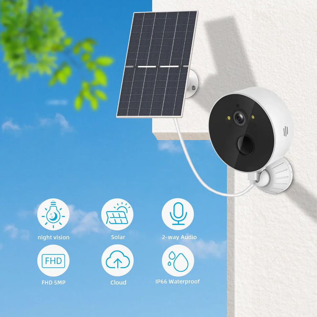 Solar security camera with attached solar panel for outdoor wireless monitoring