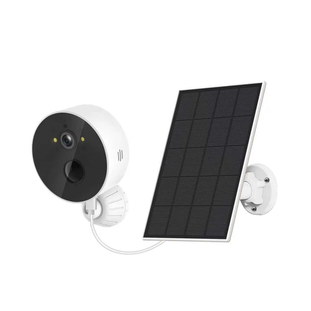 Solar security camera with attached solar panel for outdoor wireless monitoring
