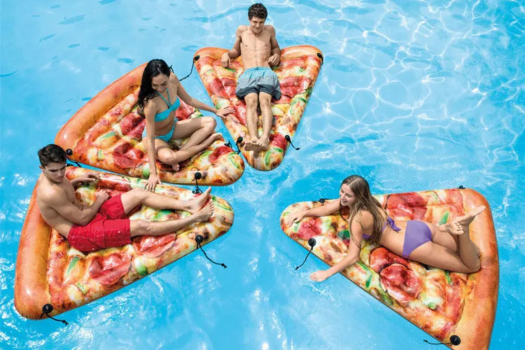 Large inflatable pizza slice pool float recliner on blue water