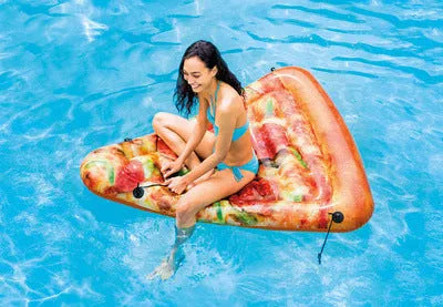 Large inflatable pizza slice pool float recliner on blue water