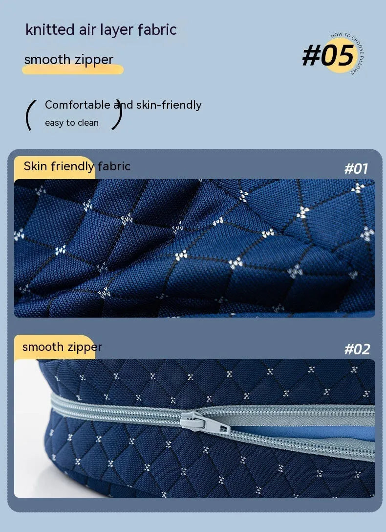 Heart-shaped memory foam leg pillow in dark blue jacquard colour, 25x23x13cm dimensions