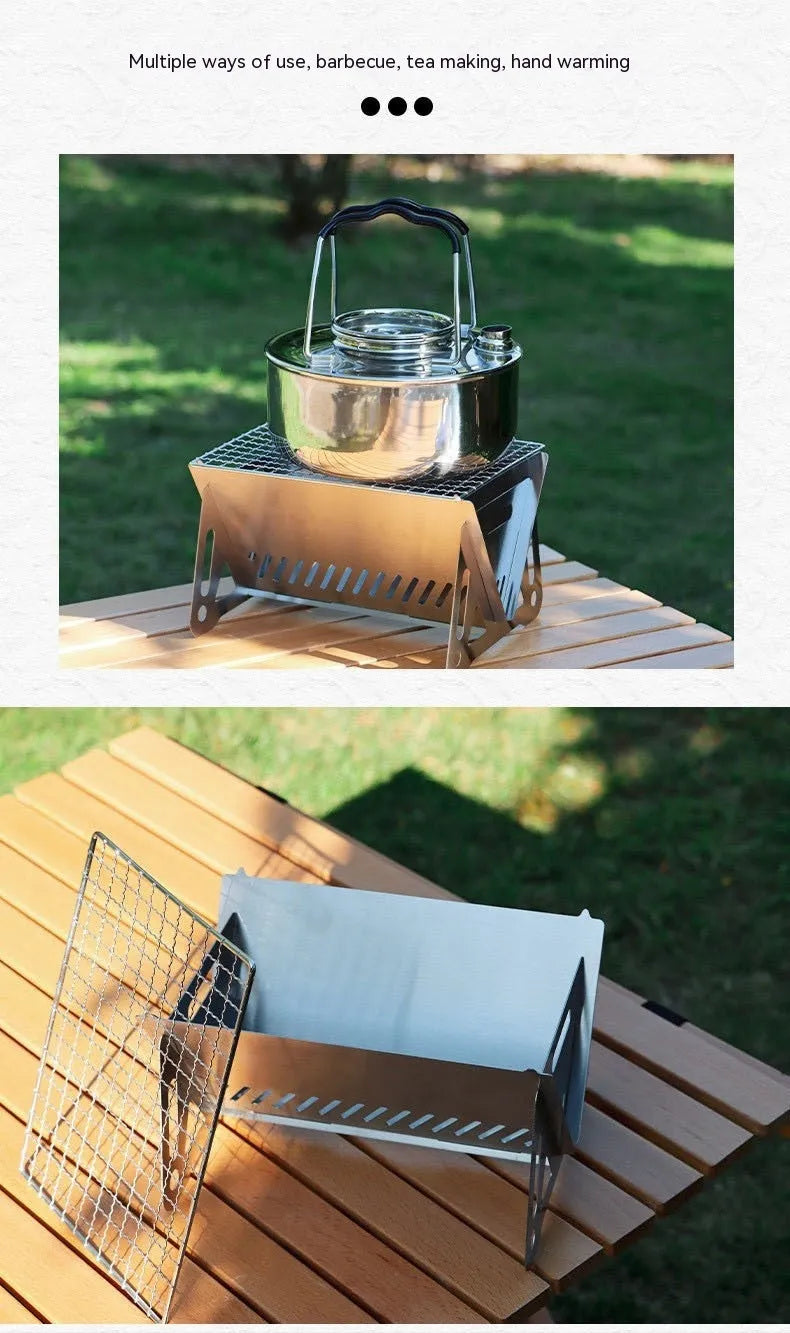 Folding stainless steel barbecue oven with grill plate and storage bag for outdoor use
