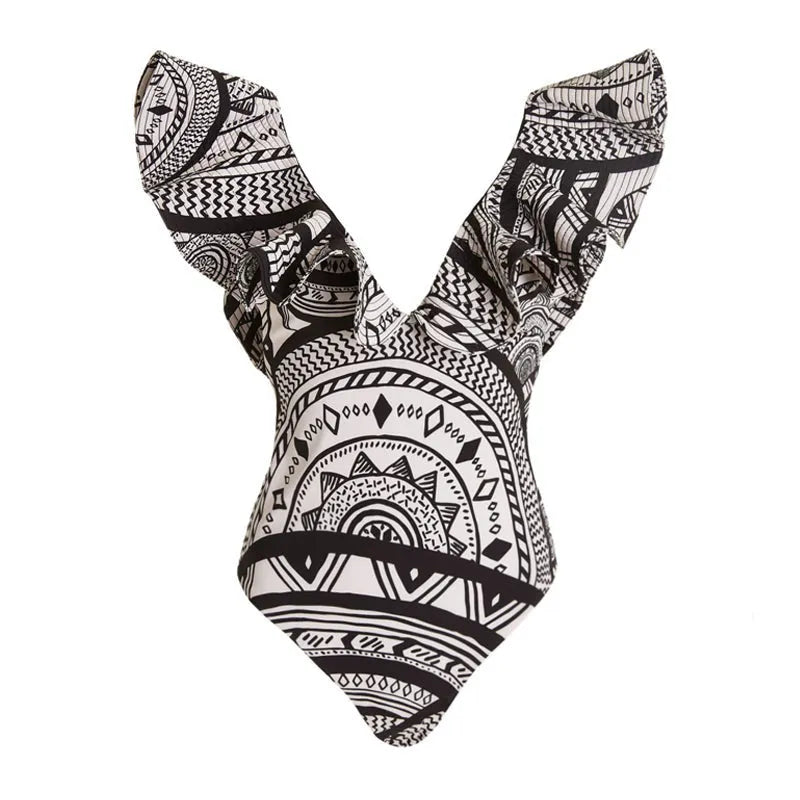 Women's vintage print deep V one-piece swimsuit with ruffles and matching wrap skirt