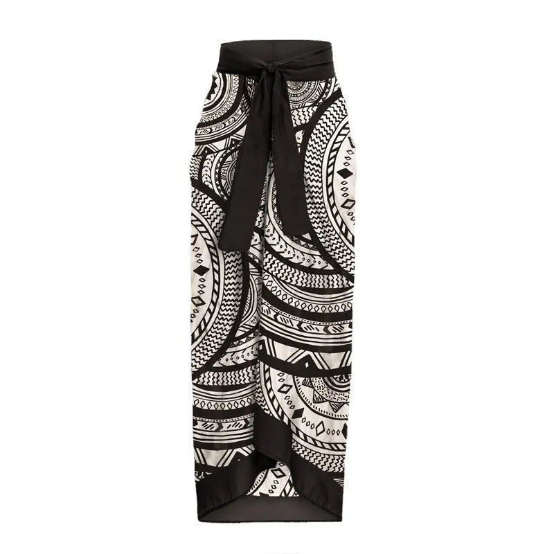 Women's vintage print deep V one-piece swimsuit with ruffles and matching wrap skirt