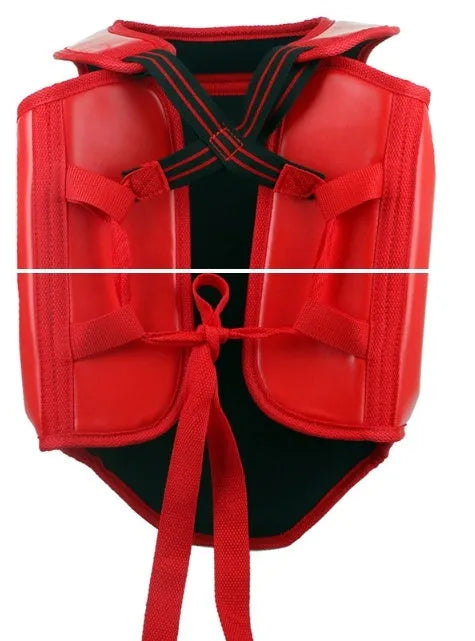 Red one-piece boxing helmet and chest protector training gear