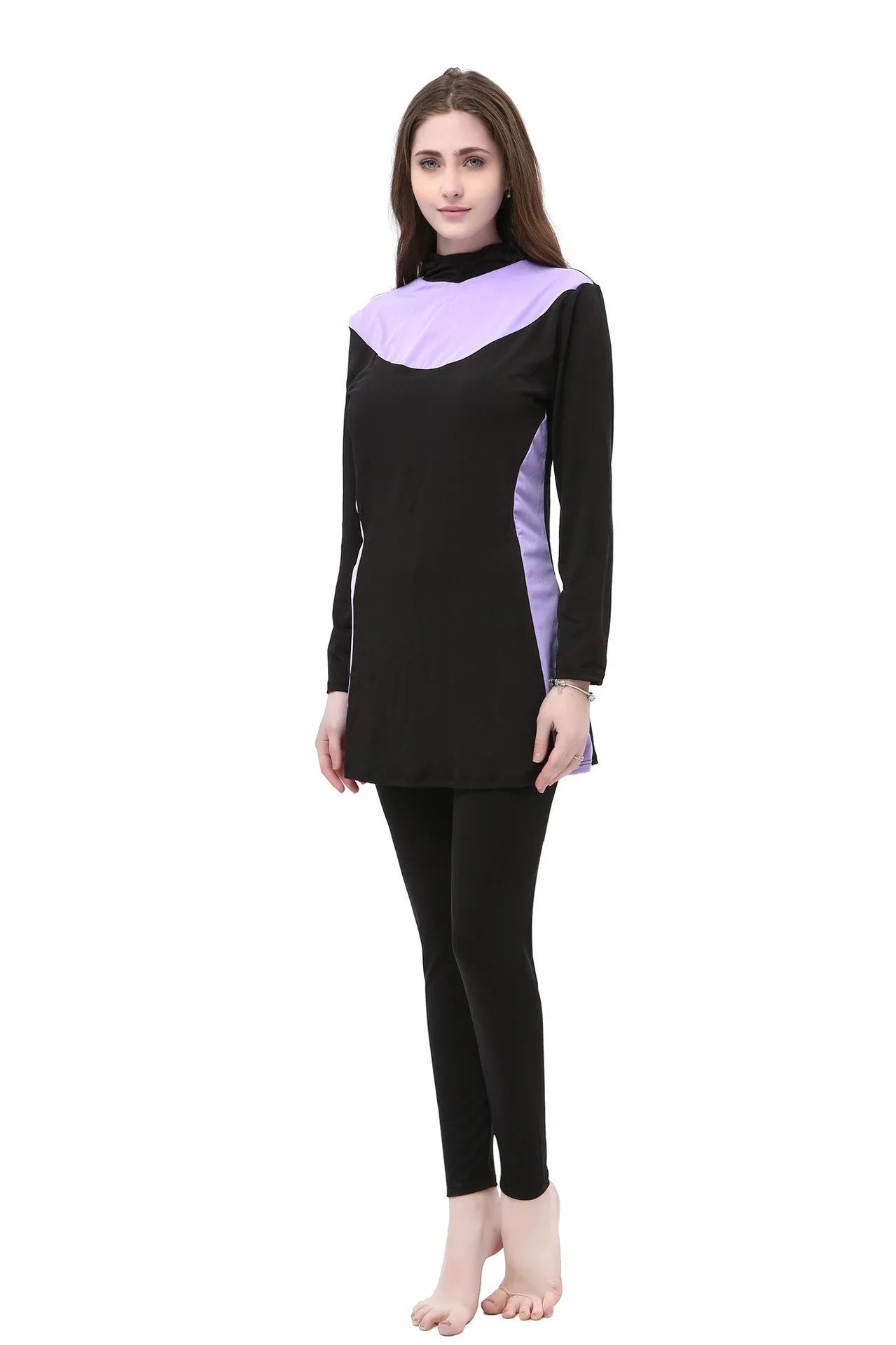 Conservative women's long sleeve swimsuit with hood in black and rose red, showing separate top and trousers.