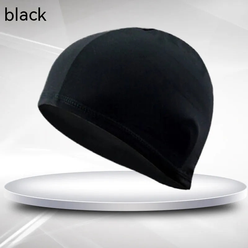 Black single line polyester swimming cap for adult unisex use in pool or beach settings