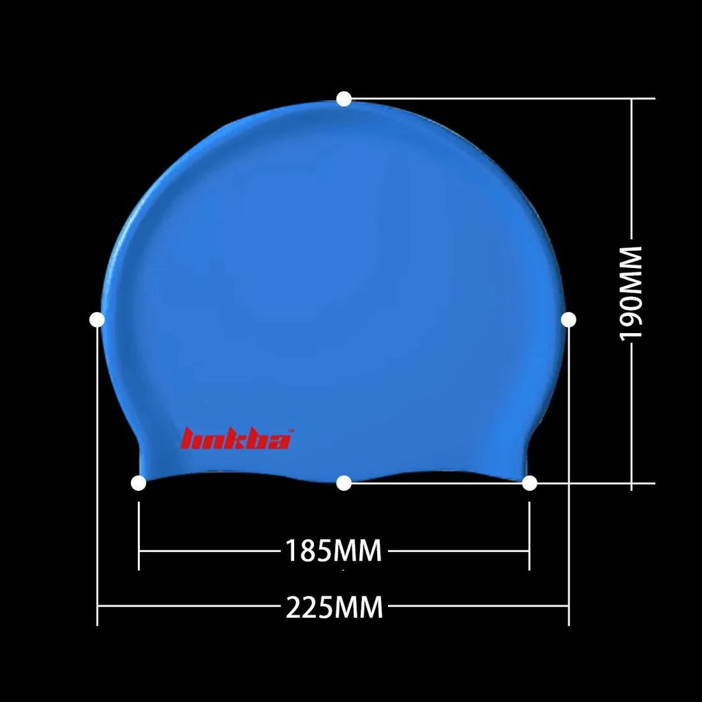 Silicone swimming cap with a graphic letter pattern, shown in one of five colours: black, white, yellow, blue, or grey.