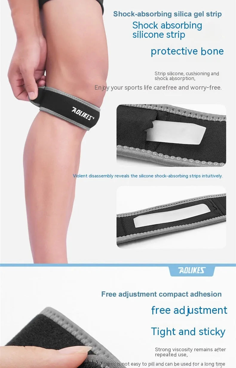 Black and grey patella retinaculum knee protection pad for adult sports use