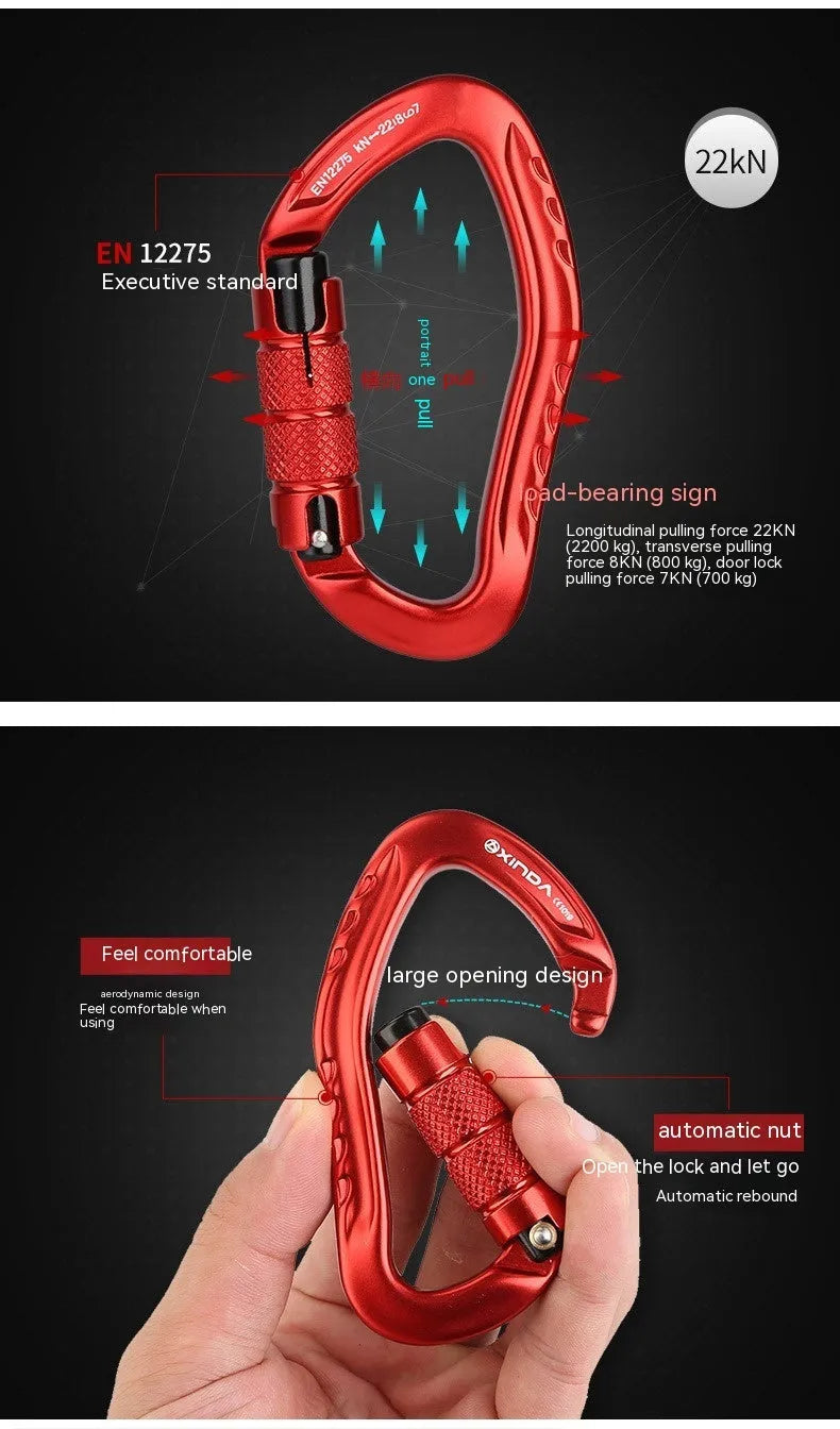 Automatic master lock climbing carabiner in five colour options for outdoor rock climbing