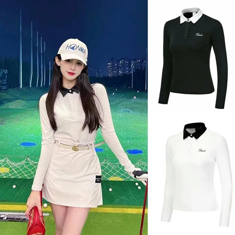 Women's long sleeve golf top in white and black colours with slim fit sportswear design
