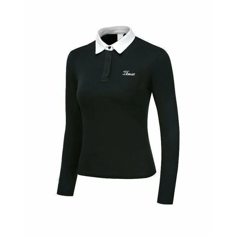 Women's long sleeve golf top in white and black colours with slim fit sportswear design