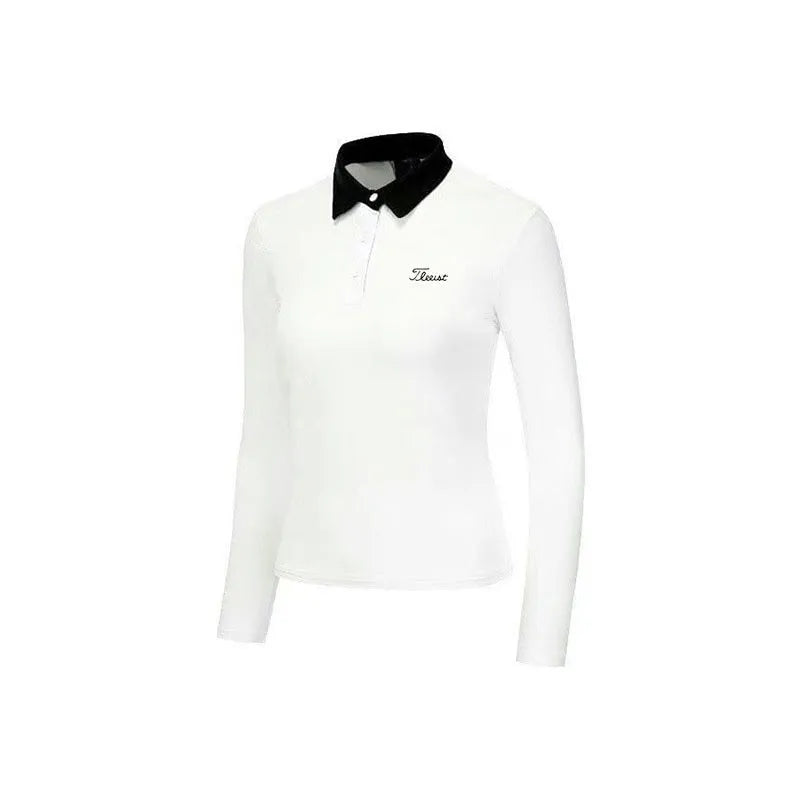 Women's long sleeve golf top in white and black colours with slim fit sportswear design