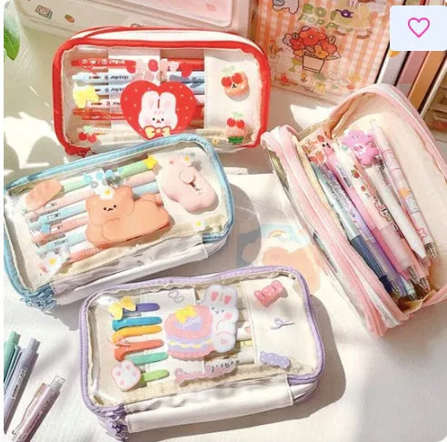 Japanese transparent heart-shaped pen case with rabbit designs in TPU material