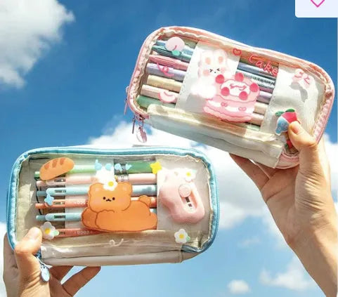 Japanese transparent heart-shaped pen case with rabbit designs in TPU material