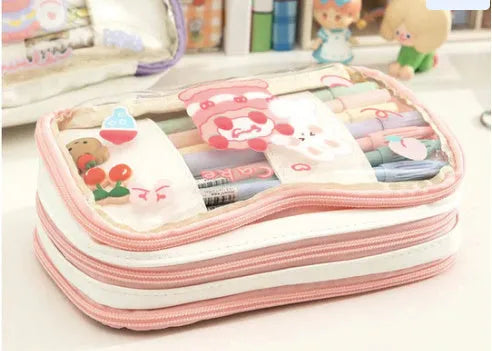 Japanese transparent heart-shaped pen case with rabbit designs in TPU material