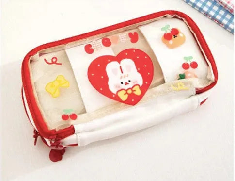 Japanese transparent heart-shaped pen case with rabbit designs in TPU material
