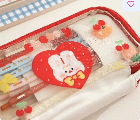 Japanese transparent heart-shaped pen case with rabbit designs in TPU material
