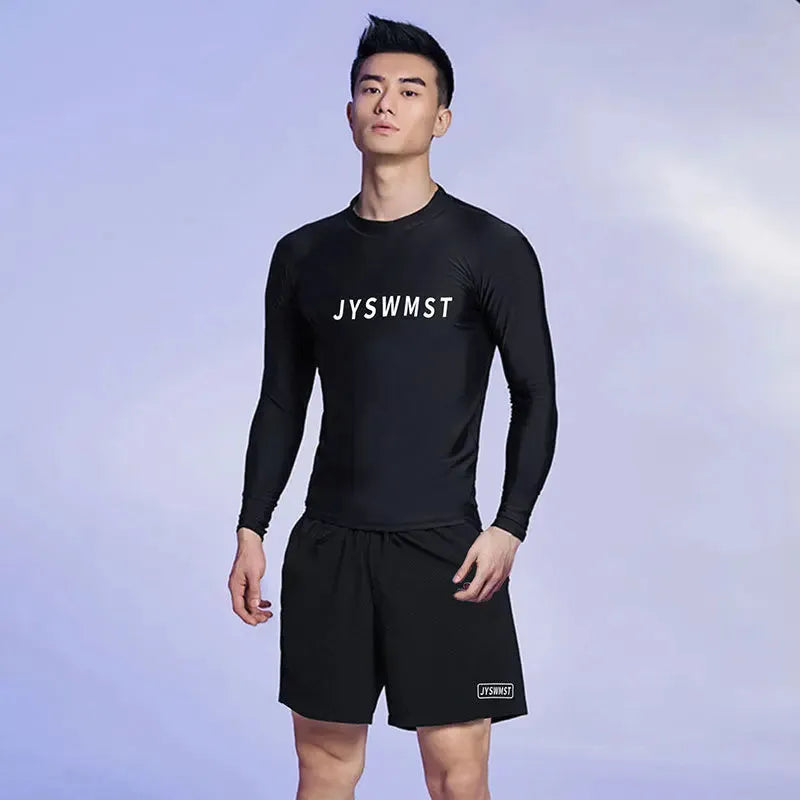 Men's polyester swimsuit set with matching top and trousers in multiple colour options